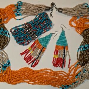 Colorful Vintage Seed Bead Jewelry Lot Includes- Necklace, Bracket And Earrings